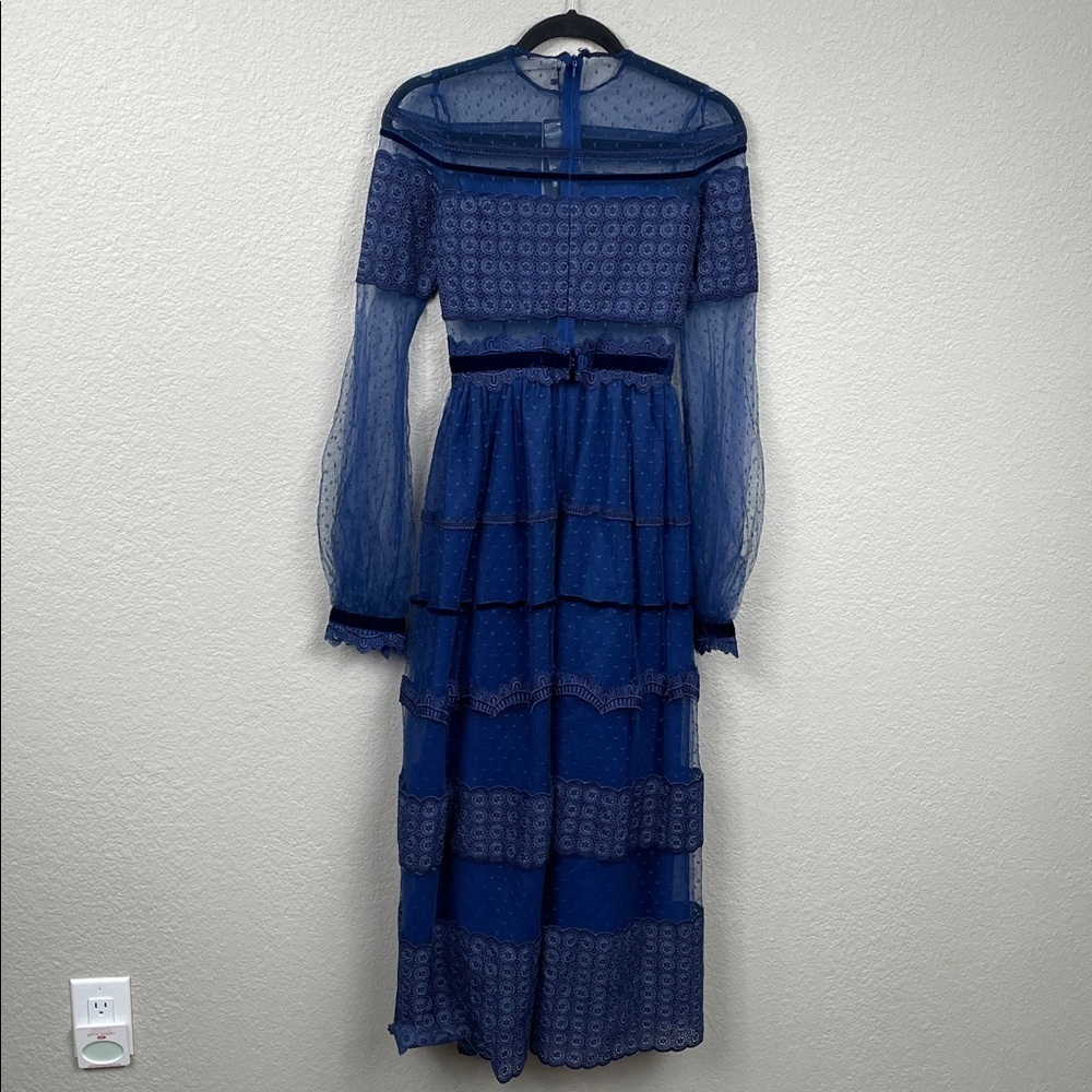 NWT Costarellos Blue Lace Panelled Maxi Dress Prairie Dot Tulle Sz 34 - Picture 7 of 15